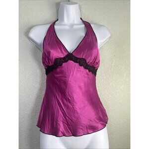 Halo Vtg Y2K Satin Halter Top Womens‎ Sz L Hot Pink Lace Trim Cami Tie Waist 90s
